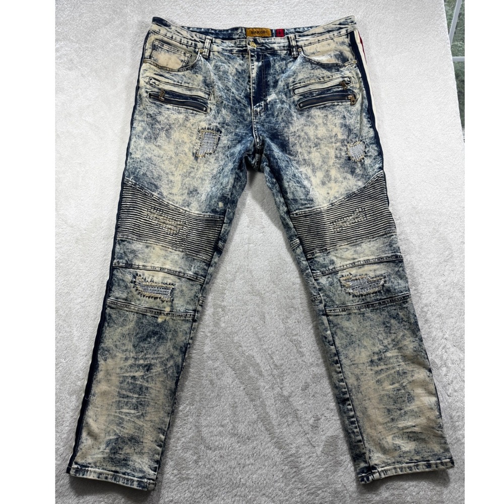 Makobi Mens Biker Distressed Acid Wash Blue Jeans 42x32 Meas: 43x33
